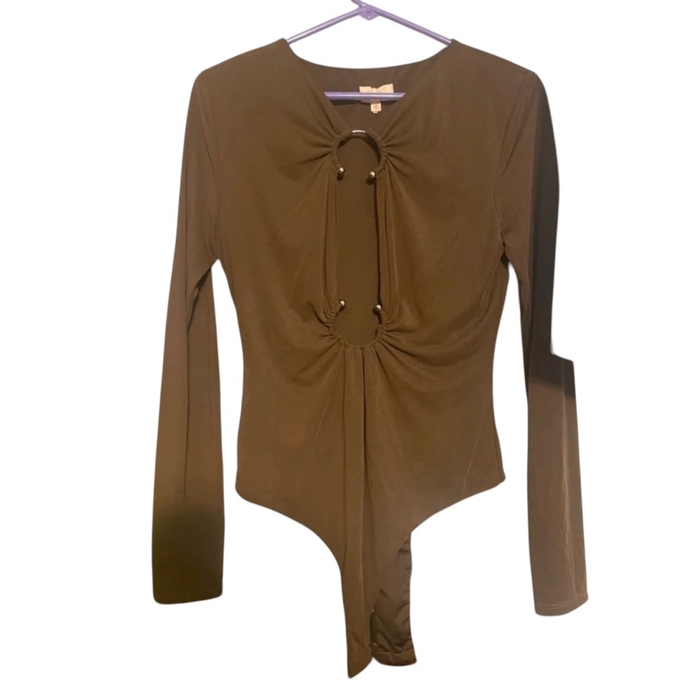 Camila Coelho Brown Long-Sleeve Ring-Front Bodysuit